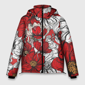 Мужская зимняя куртка 3D с принтом Цветы на алом фоне в Новосибирске, верх — 100% полиэстер; подкладка — 100% полиэстер; утеплитель — 100% полиэстер | длина ниже бедра, свободный силуэт Оверсайз. Есть воротник-стойка, отстегивающийся капюшон и ветрозащитная планка. 

Боковые карманы с листочкой на кнопках и внутренний карман на молнии. | алый | графика | маки | настроение | нежное | цветы