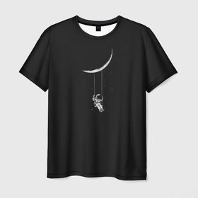 Мужская футболка 3D с принтом Лунные качели dark grey theme в Тюмени, 100% полиэфир | прямой крой, круглый вырез горловины, длина до линии бедер | nasa | астронавт | вселенная | галактика | звезды | качели | космонавт | космос | луна | наса | отдых | перерыв | развлечение | релакс | роскосмос | серп луны | удовольствие | фантазия