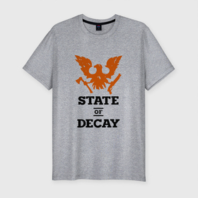 Мужская футболка хлопок Slim с принтом State of Decay | Эмблема | Лого в Екатеринбурге, 92% хлопок, 8% лайкра | приталенный силуэт, круглый вырез ворота, длина до линии бедра, короткий рукав | logo | state of decay | survival horror | undead labs | загнивающий штат | зомби апокалипсис | лого | логотип | стадия разложения | стейт оф декай | эмблема