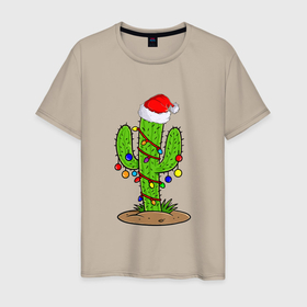 Мужская футболка хлопок с принтом НОВОГОДНИЙ КАКТУС CHRISTMAS CACTUS в Тюмени, 100% хлопок | прямой крой, круглый вырез горловины, длина до линии бедер, слегка спущенное плечо. | Тематика изображения на принте: 2022 | cactus | christmas | cold | garland | klaus | merry | new | santa | snow | winter | year | герлянды | гирлянда | год | елка | ёлки | ель | зима | кактус | клаус | мороз | новый | рождество | санта | снег | фонарики | холод