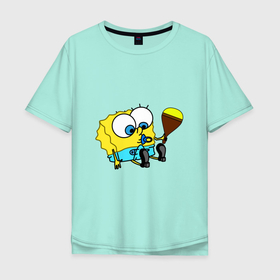 Мужская футболка хлопок Oversize с принтом Губка Боб Пупс в Курске, 100% хлопок | свободный крой, круглый ворот, “спинка” длиннее передней части | губка боб | желтый | квадратные штаны | малыш | мультфильм | памперс | соска | спанч боб