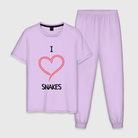 Мужская пижама хлопок с принтом Я Люблю Змей в Тюмени, 100% хлопок | брюки и футболка прямого кроя, без карманов, на брюках мягкая резинка на поясе и по низу штанин
 | snakes | змеи | змея | змея футболка | приколы со змеями | футболка со змеями | футболки со змей | я люблю змей