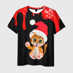 Мужская футболка 3D с принтом НОВЫЙ ГОД ТИГР СНЕЖИНКИ 2022 в Новосибирске, 100% полиэфир | прямой крой, круглый вырез горловины, длина до линии бедер | Тематика изображения на принте: 2022 | merry christmas | год тигра | нг | новогодний тигр | новогодняя символика | новый год | рождество | символ 2022 года | снежинки | тигр
