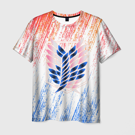 Мужская футболка 3D с принтом Атака Титанов Ласкутный Неон 2022 в Кировске, 100% полиэфир | прямой крой, круглый вырез горловины, длина до линии бедер | атака титанов | логотип | неон | потертости | розовый | синий