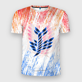 Мужская футболка 3D Slim с принтом Атака Титанов Ласкутный Неон 2022 в Белгороде, 100% полиэстер с улучшенными характеристиками | приталенный силуэт, круглая горловина, широкие плечи, сужается к линии бедра | атака титанов | логотип | неон | потертости | розовый | синий