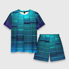 Мужской костюм с шортами 3D с принтом 3D квадраты неоновые в Белгороде,  |  | 3d | 3d плиты | 3д | в поте | в тренде | квадраты | неон | неоновый | новинка | плины | синий