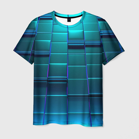 Мужская футболка 3D с принтом 3D квадраты неоновые в Новосибирске, 100% полиэфир | прямой крой, круглый вырез горловины, длина до линии бедер | 3d | 3d плиты | 3д | в поте | в тренде | квадраты | неон | неоновый | новинка | плины | синий