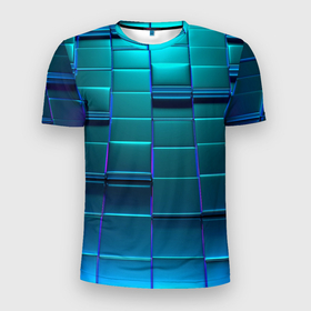 Мужская футболка 3D Slim с принтом 3D квадраты неоновые в Екатеринбурге, 100% полиэстер с улучшенными характеристиками | приталенный силуэт, круглая горловина, широкие плечи, сужается к линии бедра | 3d | 3d плиты | 3д | в поте | в тренде | квадраты | неон | неоновый | новинка | плины | синий