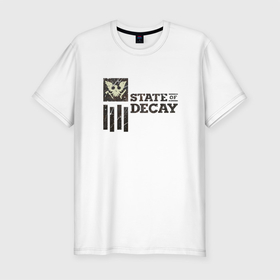 Мужская футболка хлопок Slim с принтом State of Decay Iron Logo в Тюмени, 92% хлопок, 8% лайкра | приталенный силуэт, круглый вырез ворота, длина до линии бедра, короткий рукав | logo | state of decay | survival horror | undead labs | загнивающий штат | зомби апокалипсис | лого | логотип | стадия разложения | стейт оф декай | эмблема