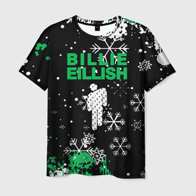 Мужская футболка 3D с принтом billie eilish новый год снежинки в Санкт-Петербурге, 100% полиэфир | прямой крой, круглый вырез горловины, длина до линии бедер | be | billie | billie eilish | blohsh | ghoul | билли | билли айлиш