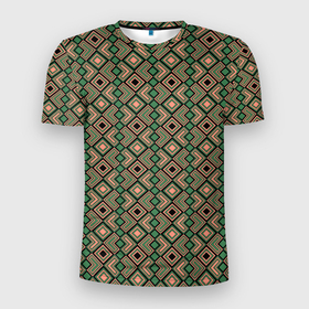 Мужская футболка 3D Slim с принтом Абстракция из черных, зеленых и бежевых квадратов в Белгороде, 100% полиэстер с улучшенными характеристиками | приталенный силуэт, круглая горловина, широкие плечи, сужается к линии бедра | abstract | geometric | line | shape | square | абстракция | бежевый | геометрический | зеленый | квадрат | линия | текстура | узор | фигура | черный