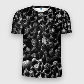 Мужская футболка 3D Slim с принтом Коконы в паутине в Екатеринбурге, 100% полиэстер с улучшенными характеристиками | приталенный силуэт, круглая горловина, широкие плечи, сужается к линии бедра | halloween | коконы | мрачное | паутина | страшное | сюрреализм