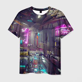 Мужская футболка 3D с принтом Городской киберпанк в Петрозаводске, 100% полиэфир | прямой крой, круглый вырез горловины, длина до линии бедер | cyberpunk | cyberpunk 2077 | будущее | город | депрессивный | игра | кибер | киберпанк | неон | неоновый | тренд | фантастика | яркий