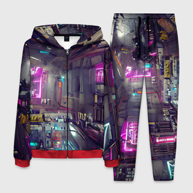 Мужской костюм 3D с принтом Городской киберпанк в Санкт-Петербурге, 100% полиэстер | Манжеты и пояс оформлены тканевой резинкой, двухслойный капюшон со шнурком для регулировки, карманы спереди | cyberpunk | cyberpunk 2077 | будущее | город | депрессивный | игра | кибер | киберпанк | неон | неоновый | тренд | фантастика | яркий