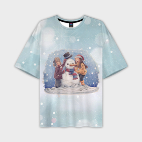 Мужская футболка OVERSIZE 3D с принтом Снеговик в Санкт-Петербурге,  |  | Тематика изображения на принте: new year | арт | графика | дети | зима | новый год | рождество | снеговик