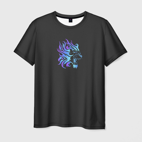 Мужская футболка 3D с принтом Лев в синем пламени neon theme в Петрозаводске, 100% полиэфир | прямой крой, круглый вырез горловины, длина до линии бедер | африка | дикие звери | звери | зенит | лев | огненный лев | огонь | пламя | природа | саванна | царь зверей