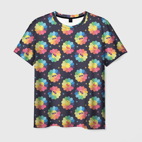 Мужская футболка 3D с принтом Веселые ромашки в Тюмени, 100% полиэфир | прямой крой, круглый вырез горловины, длина до линии бедер | настроение | паттерн | природа | ромашки | цветик семицветик | цветы