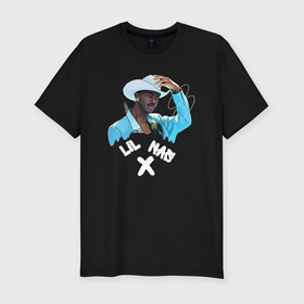 Мужская футболка хлопок Slim с принтом Lil Nas X в Белгороде, 92% хлопок, 8% лайкра | приталенный силуэт, круглый вырез ворота, длина до линии бедра, короткий рукав | lil nas x | old town road | арт | атланта | джорджия | ковбой | лил нас икс | рэпер | хип хоп | шляпа