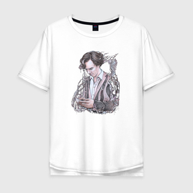 Мужская футболка хлопок Oversize с принтом Шерлок арт в Санкт-Петербурге, 100% хлопок | свободный крой, круглый ворот, “спинка” длиннее передней части | sherlock | англия | арт | бенедикт камбербэтч | лондон | хаммерсмит | шерлок