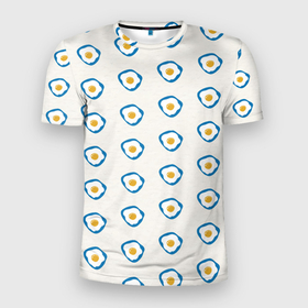 Мужская футболка 3D спортивная с принтом Утро начинается с яичницы в Петрозаводске, 100% полиэстер с улучшенными характеристиками | приталенный силуэт, круглая горловина, широкие плечи, сужается к линии бедра | еда | завтрак | паттерн | яичница | яйца
