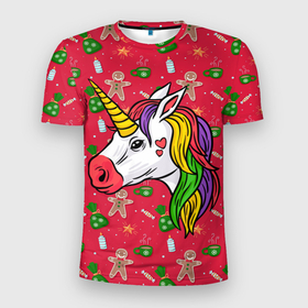 Мужская футболка 3D Slim с принтом New Year Unicorn 2022 в Кировске, 100% полиэстер с улучшенными характеристиками | приталенный силуэт, круглая горловина, широкие плечи, сужается к линии бедра | 2022 | magic | new year | unicorn | единорог | животные | нг | новый год | праздник