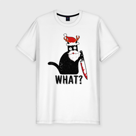 Мужская футболка хлопок Slim с принтом НОВОГОДНИЙ WHAT CAT в Екатеринбурге, 92% хлопок, 8% лайкра | приталенный силуэт, круглый вырез ворота, длина до линии бедра, короткий рукав | 2022 | cat | cats | christmas | cold | garland | klaus | mem | meme | memes | merry | new | santa | snow | what | winter | year | герлянды | гирлянда | год | зима | клаус | кот | котейка | котенок | котик | котэ | кошка | мем | мемы | мороз