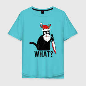 Мужская футболка хлопок Oversize с принтом НОВОГОДНИЙ WHAT CAT в Петрозаводске, 100% хлопок | свободный крой, круглый ворот, “спинка” длиннее передней части | 2022 | cat | cats | christmas | cold | garland | klaus | mem | meme | memes | merry | new | santa | snow | what | winter | year | герлянды | гирлянда | год | зима | клаус | кот | котейка | котенок | котик | котэ | кошка | мем | мемы | мороз