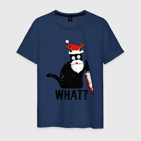 Мужская футболка хлопок с принтом НОВОГОДНИЙ WHAT CAT в Санкт-Петербурге, 100% хлопок | прямой крой, круглый вырез горловины, длина до линии бедер, слегка спущенное плечо. | 2022 | cat | cats | christmas | cold | garland | klaus | mem | meme | memes | merry | new | santa | snow | what | winter | year | герлянды | гирлянда | год | зима | клаус | кот | котейка | котенок | котик | котэ | кошка | мем | мемы | мороз