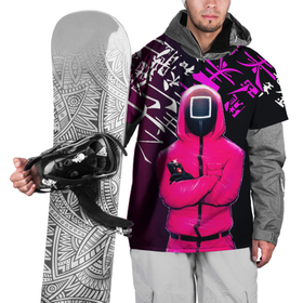 Накидка на куртку 3D с принтом Игра в кальмара 2022 Топ в Кировске, 100% полиэстер |  | игра | иероглифы | кальмара | китайский | неон | охранник | розовый | стражник