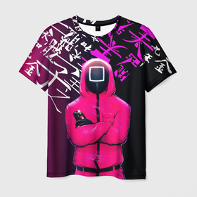 Мужская футболка 3D с принтом Игра в кальмара 2022 Топ в Екатеринбурге, 100% полиэфир | прямой крой, круглый вырез горловины, длина до линии бедер | игра | иероглифы | кальмара | китайский | неон | охранник | розовый | стражник