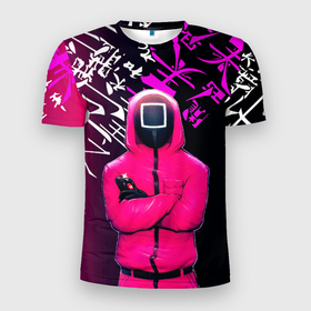 Мужская футболка 3D Slim с принтом Игра в кальмара 2022 Топ в Екатеринбурге, 100% полиэстер с улучшенными характеристиками | приталенный силуэт, круглая горловина, широкие плечи, сужается к линии бедра | игра | иероглифы | кальмара | китайский | неон | охранник | розовый | стражник