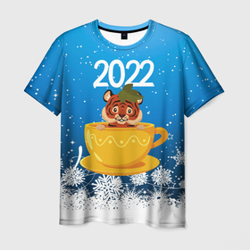Мужская футболка 3D с принтом Тигр в кружке (Новый год 2022) в Курске, 100% полиэфир | прямой крой, круглый вырез горловины, длина до линии бедер | Тематика изображения на принте: 2022 | год тигра | новый год | новый год 2022 | символ года | тигр | тигренок | тигрица | тигры