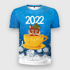 Мужская футболка 3D Slim с принтом Тигр в кружке (Новый год 2022) в Курске, 100% полиэстер с улучшенными характеристиками | приталенный силуэт, круглая горловина, широкие плечи, сужается к линии бедра | Тематика изображения на принте: 2022 | год тигра | новый год | новый год 2022 | символ года | тигр | тигренок | тигрица | тигры