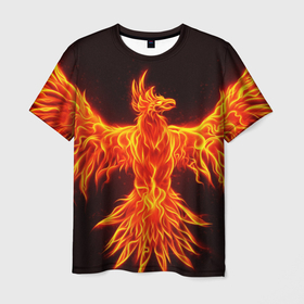 Мужская футболка 3D с принтом ОГНЕННЫЙ ФЕНИКС   FIRE PHOENIX в Курске, 100% полиэфир | прямой крой, круглый вырез горловины, длина до линии бедер | Тематика изображения на принте: brawl stars | brawl stars crow | crow | fire | flame | phoenix | бравл старс | ворона | животные | звери | млекопитающие | огненный | огненный феникс | птицы | феникс | хищники
