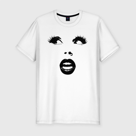 Мужская футболка хлопок Slim с принтом Прекрасное женское лицо в Тюмени, 92% хлопок, 8% лайкра | приталенный силуэт, круглый вырез ворота, длина до линии бедра, короткий рукав | eyelashes | face | fashion | lips | make up | глаза | губы | лицо | макияж | мода | ресницы