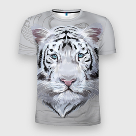 Мужская футболка 3D Slim с принтом Снежный нежный тигр в Белгороде, 100% полиэстер с улучшенными характеристиками | приталенный силуэт, круглая горловина, широкие плечи, сужается к линии бедра | tiger | белый тигр | животное | символ года | снежный тигр | тигр | хищник