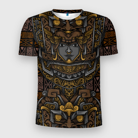 Мужская футболка 3D Slim с принтом Идол Ацтеков в Тюмени, 100% полиэстер с улучшенными характеристиками | приталенный силуэт, круглая горловина, широкие плечи, сужается к линии бедра | ацтек | графика | индеец | тату | узор | фантастика