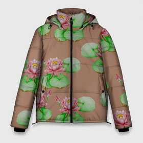 Мужская зимняя куртка 3D с принтом Цветы розовой водяной лилии с зелеными листьями в Екатеринбурге, верх — 100% полиэстер; подкладка — 100% полиэстер; утеплитель — 100% полиэстер | длина ниже бедра, свободный силуэт Оверсайз. Есть воротник-стойка, отстегивающийся капюшон и ветрозащитная планка. 

Боковые карманы с листочкой на кнопках и внутренний карман на молнии. | 8 марта | flowers | leaves | lotus | water lily | бежевый | весна | водяная лилия | зеленый | лето | листья | лотос | природа | растения | розовый | флора | цветы