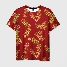 Мужская футболка 3D с принтом Золотые веточки на ярко красном фоне в Тюмени, 100% полиэфир | прямой крой, круглый вырез горловины, длина до линии бедер | gold | plants | red | twigs | веточки | день влюбленных | золото | золотой | красный | любовь | новый год | подарок | праздник | растения