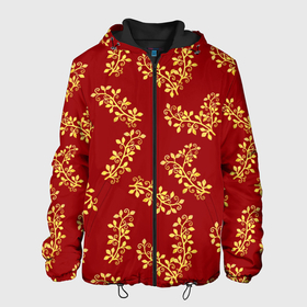 Мужская куртка 3D с принтом Золотые веточки на ярко красном фоне в Новосибирске, ткань верха — 100% полиэстер, подклад — флис | прямой крой, подол и капюшон оформлены резинкой с фиксаторами, два кармана без застежек по бокам, один большой потайной карман на груди. Карман на груди застегивается на липучку | Тематика изображения на принте: gold | plants | red | twigs | веточки | день влюбленных | золото | золотой | красный | любовь | новый год | подарок | праздник | растения