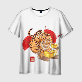 Мужская футболка 3D с принтом Золотой тигр 2022 Tigr в Курске, 100% полиэфир | прямой крой, круглый вырез горловины, длина до линии бедер | 2022 | new year | tiger | water tiger | водяной тигр | символ года