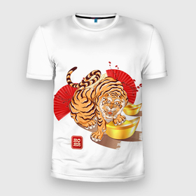 Мужская футболка 3D спортивная с принтом Золотой тигр 2022 Tigr в Санкт-Петербурге, 100% полиэстер с улучшенными характеристиками | приталенный силуэт, круглая горловина, широкие плечи, сужается к линии бедра | Тематика изображения на принте: 2022 | new year | tiger | water tiger | водяной тигр | символ года