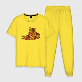 Мужская пижама хлопок с принтом Акварельный тигр 2022 в Петрозаводске, 100% хлопок | брюки и футболка прямого кроя, без карманов, на брюках мягкая резинка на поясе и по низу штанин
 | дикие кошки | новый год | символ года | тигр | тигренок