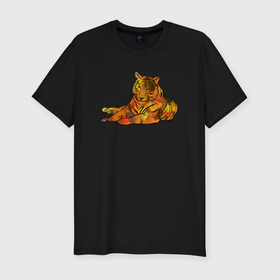 Мужская футболка хлопок Slim с принтом Акварельный тигр 2022 в Санкт-Петербурге, 92% хлопок, 8% лайкра | приталенный силуэт, круглый вырез ворота, длина до линии бедра, короткий рукав | дикие кошки | новый год | символ года | тигр | тигренок
