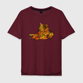 Мужская футболка хлопок Oversize с принтом Акварельный тигр 2022 , 100% хлопок | свободный крой, круглый ворот, “спинка” длиннее передней части | Тематика изображения на принте: дикие кошки | новый год | символ года | тигр | тигренок