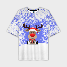 Мужская футболка OVERSIZE 3D с принтом Олень среди снежинок в Новосибирске,  |  | Тематика изображения на принте: 2021 | 2022 | happy new year 2022 | дед мороз | новый год | новый год 2022 | олень | олень с подарком | санта | снег | снежинки