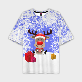 Мужская футболка OVERSIZE 3D с принтом Олень окруженный подарками в Екатеринбурге,  |  | 2021 | 2022 | happy new year 2022 | дед мороз | новый год | новый год 2022 | олень | олень  с подарками | санта | снежинки