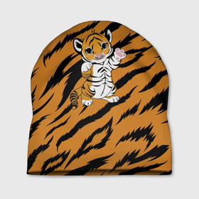 Шапка 3D с принтом Новогодний Тигр 2022 tiger в Курске, 100% полиэстер | универсальный размер, печать по всей поверхности изделия | 2022 | tiger | новый год | праздник | тигр