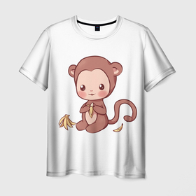 Мужская футболка 3D с принтом Милая обезьяна ест банан , 100% полиэфир | прямой крой, круглый вырез горловины, длина до линии бедер | бананы | животное | животные | милое | милое животное | мир | обезьяна