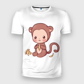 Мужская футболка 3D Slim с принтом Милая обезьяна ест банан в Петрозаводске, 100% полиэстер с улучшенными характеристиками | приталенный силуэт, круглая горловина, широкие плечи, сужается к линии бедра | Тематика изображения на принте: бананы | животное | животные | милое | милое животное | мир | обезьяна